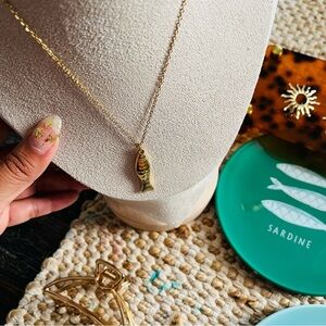 18k Gold plated stainless steel Sardine Fish Pendant Necklace beach